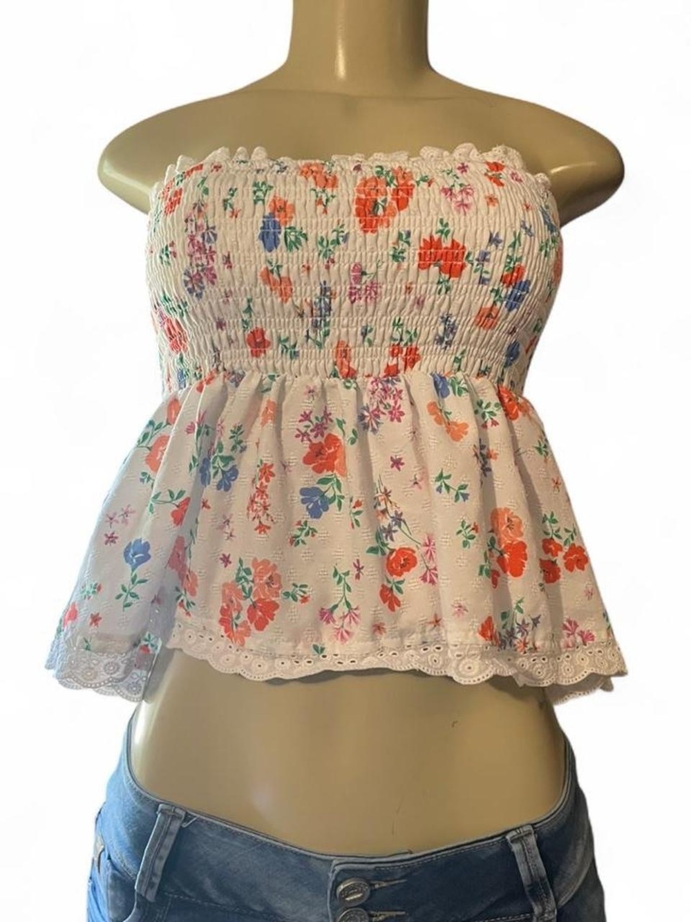Altar'd State White Floral Smocked Strapless Camisole